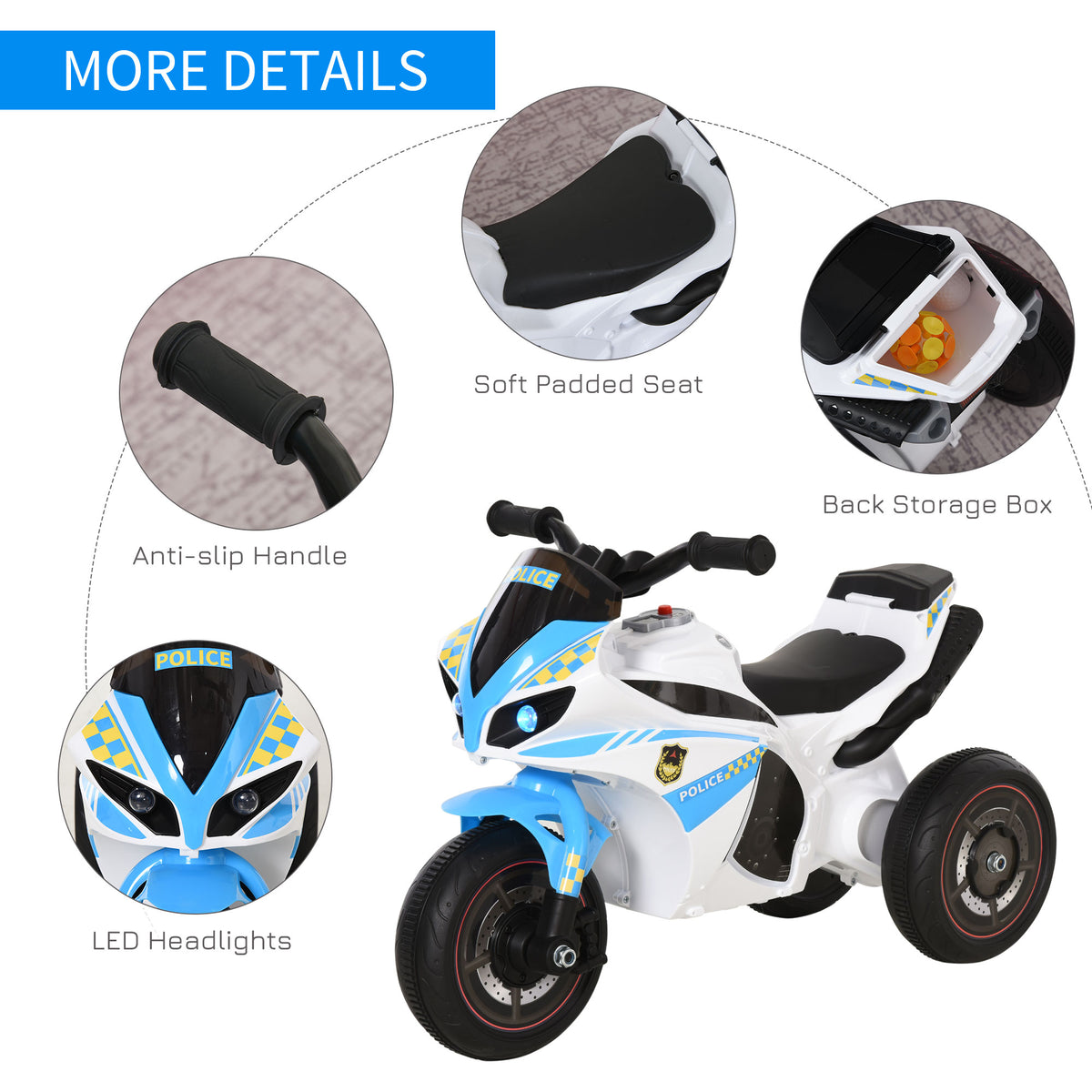 Kids Ride-On Police Bike 3-Wheel Vehicle w/ Music Lights Seat Handlebars Toddler NO POWER Child Learning Fun Development 18-36 Months Blue