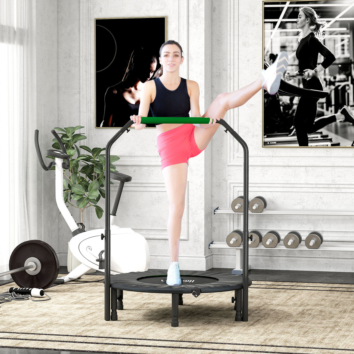 40" Foldable Mini Fitness Trampoline, with Adjustable Foam Handle, Green