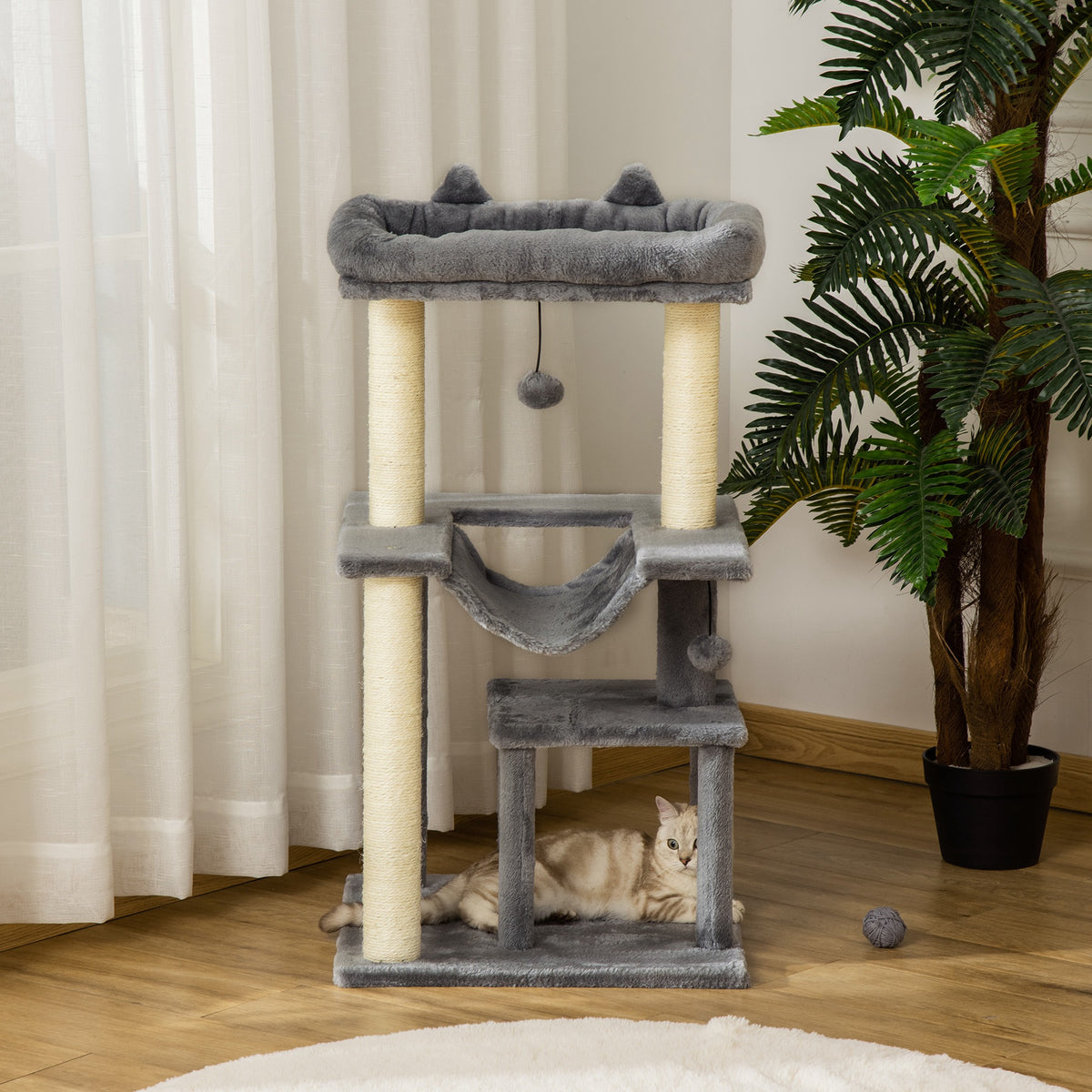 Cat Tree, 90cm Cat Tower with Sisal Scratching Posts, Cat Condo, Hammock, Top Perch and 2 Hanging Toys for Cats