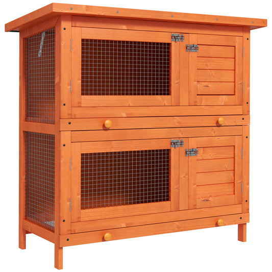 2-Tier Rabbit Hutch with Separate Living Levels & Slide-Out Tray, 90 x 45 x 90 cm, Natural Wood Finish