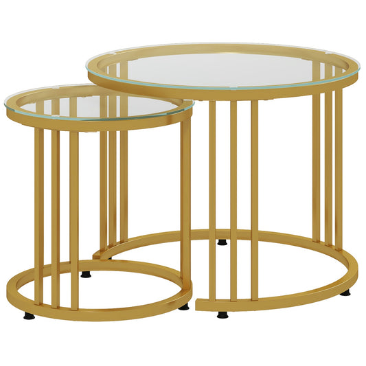 Round Coffee Tables Set of 2, Nesting Tables with Tempered Glass Top and Steel Frame, 60cmx60cmx47cm, Gold Tone