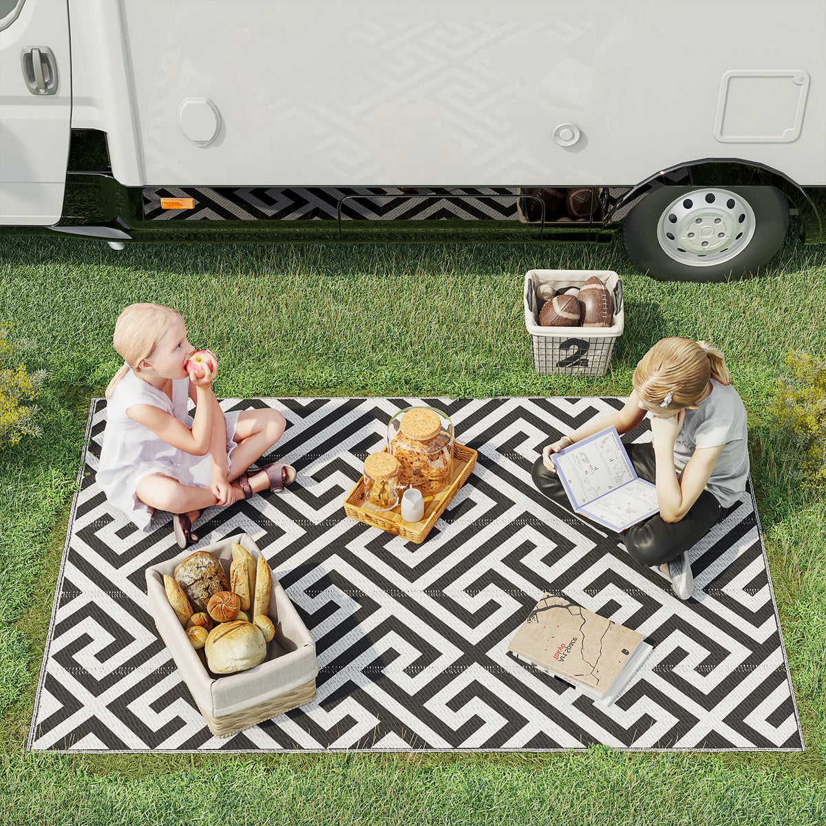 Outdoor Rug Reversible Mat Plastic Straw Rug Portable RV Camping Mat for Garden Deck Picnic Indoor, 121 x 182 cm (4 x 6 ft), Black & White