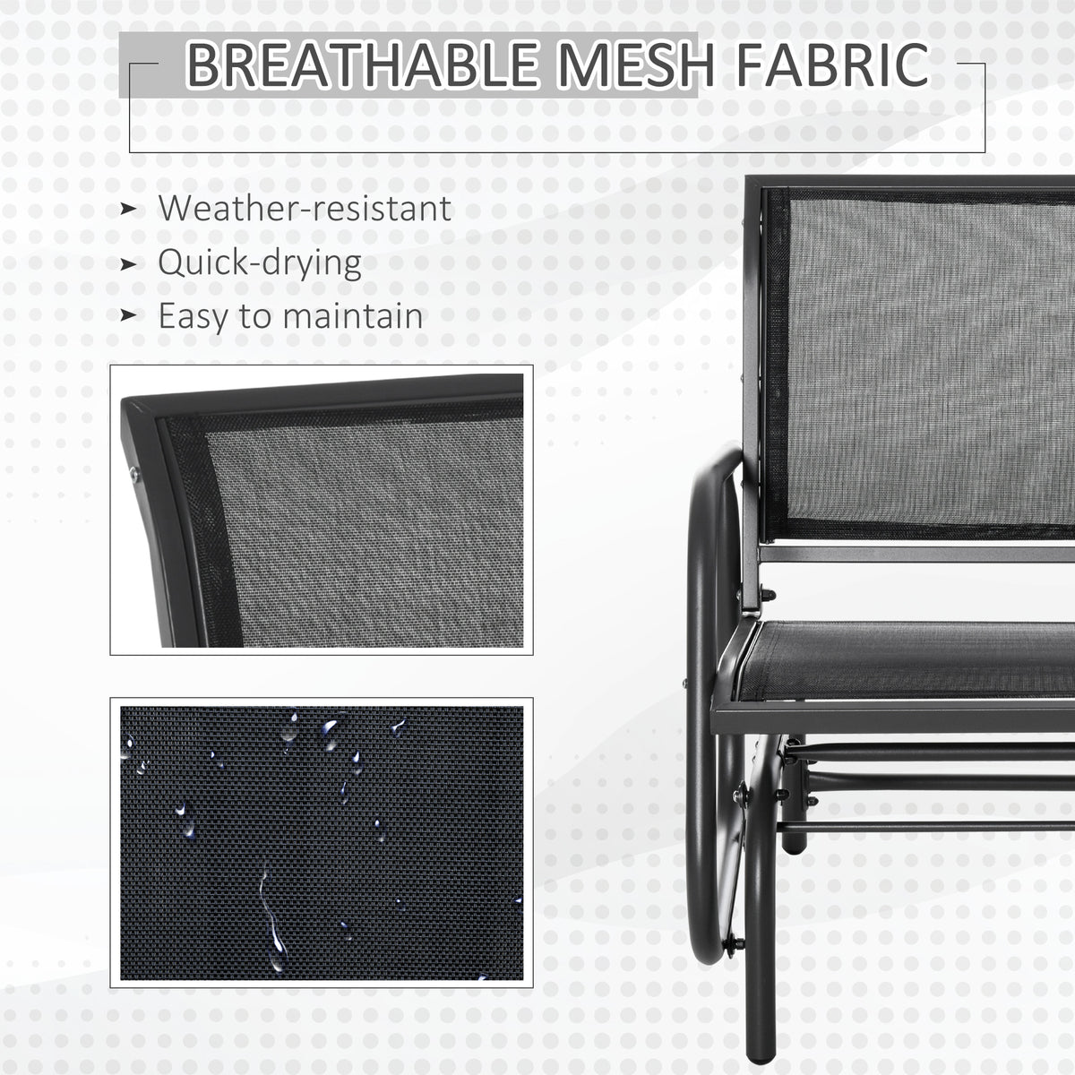 Outdoor Garden Glider Chair, Metal Frame Single Armchair Swing Seater w/ Breath Mesh Fabric Seat, Curved Backrest, Armrests, for Living Room, Patio, Porch, Dark Grey