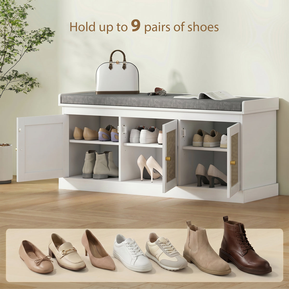 Shoe Storage Bench with Woven Rattan Doors, Seat - White