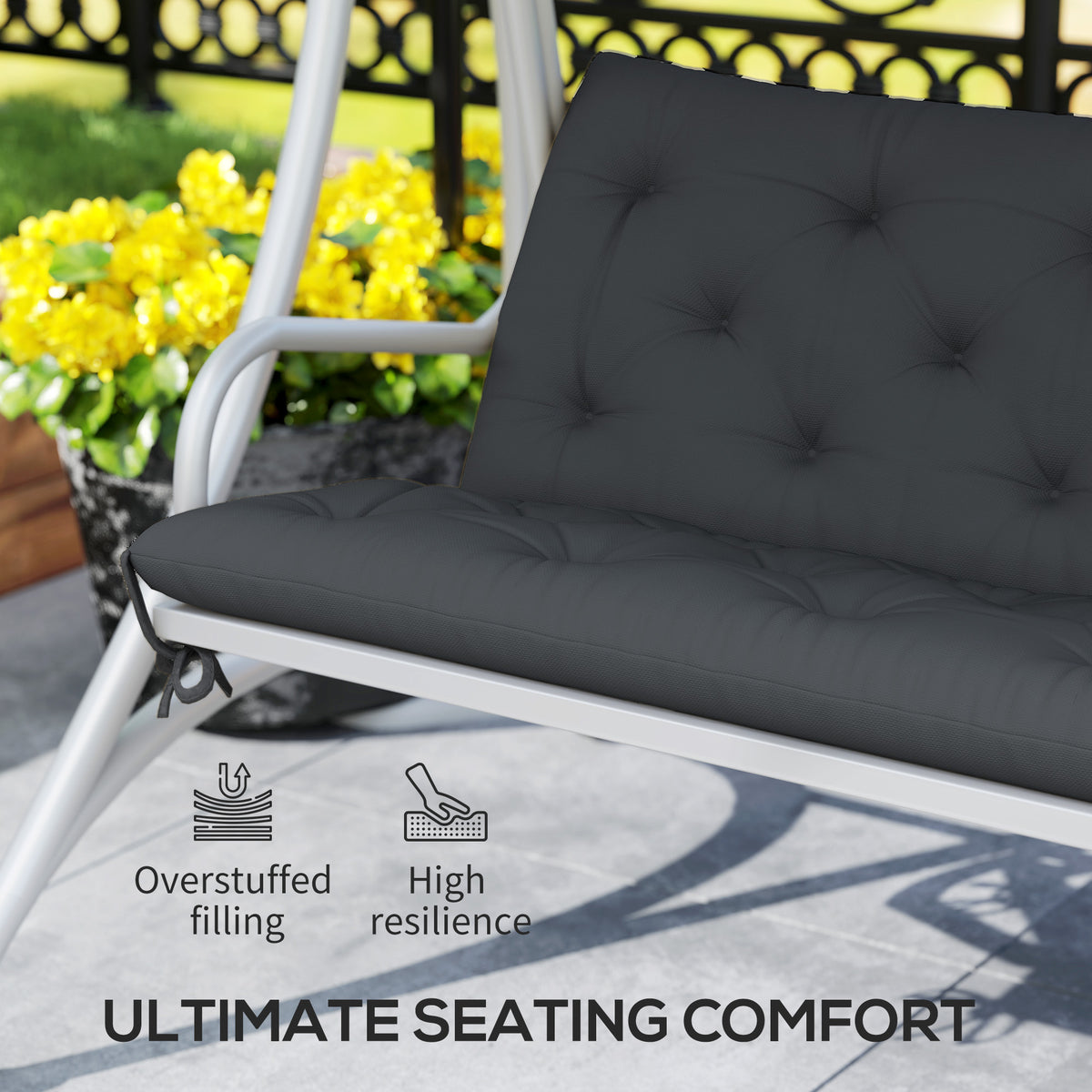 3 Seater Bench Pad, Garden Swing Chair Cushion with Back and Ties, Tufted Style Garden Furniture Window Seat Cushion for Indoor and Outdoor Use, 98 x 150 cm, Black