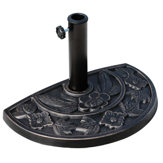 9kg Resin Parasol Base, Half Round Umbrella Stand with Floral Design for Garden, Outdoor, Suitable Umbrella Rod: Ø3.8cm, Ø4.8cm, Bronze Tone