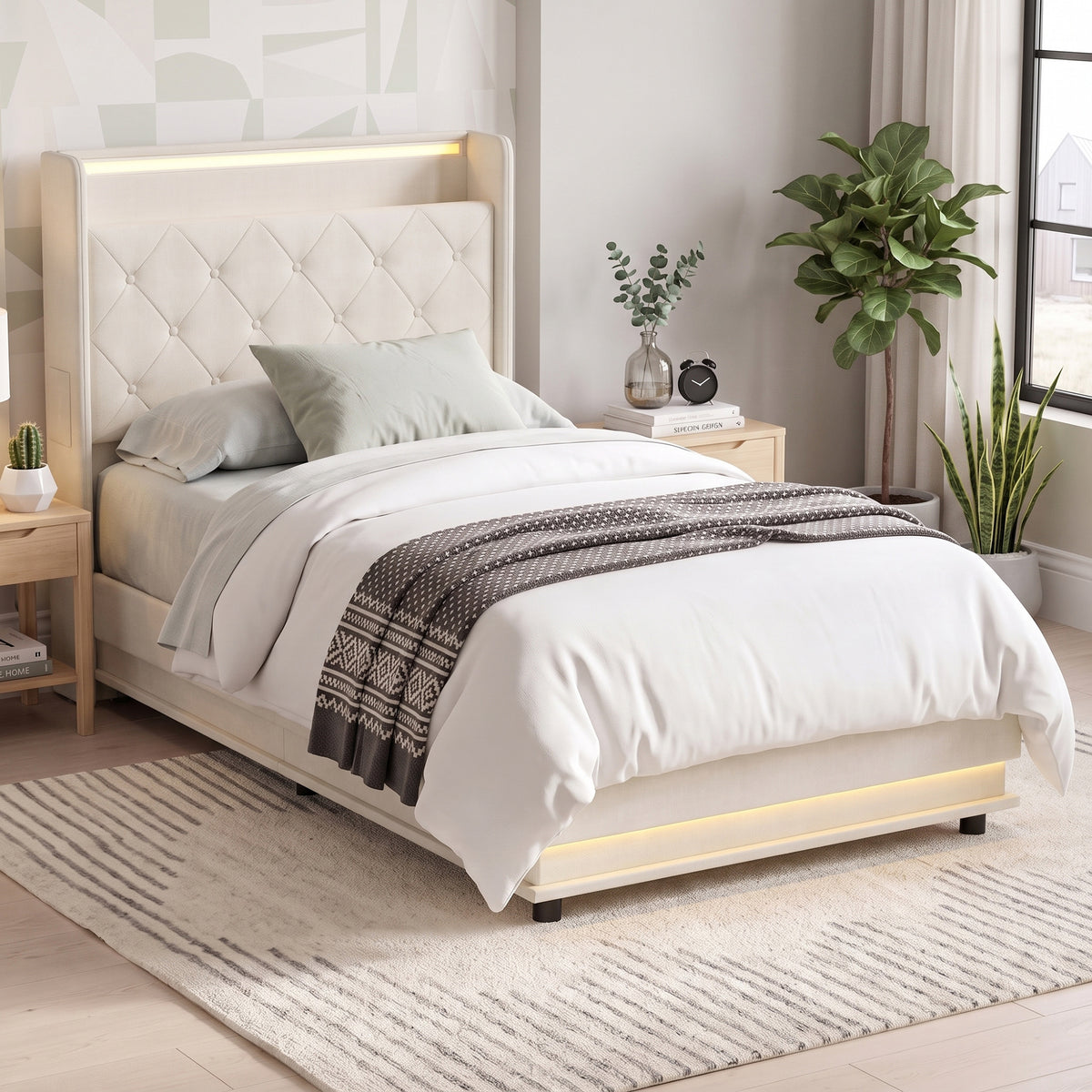 3ft Single Bed Frame with Headboard, Platform Bed Frame with Hydraulic Storage, LED Lights and Charging Station, White