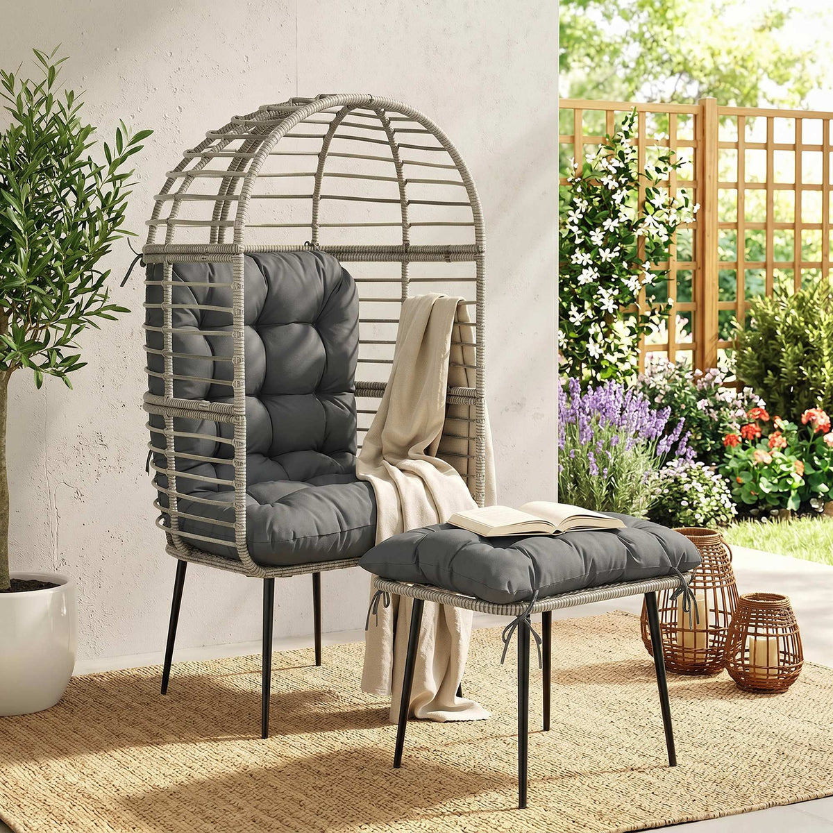Garden Egg Chair with Footstool, Rattan Indoor Outdoor Lounge Chair and Ottoman Set with Thick Cushions