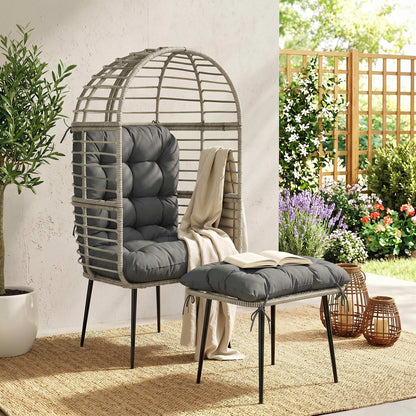 Garden Egg Chair with Footstool, Rattan Indoor Outdoor Lounge Chair and Ottoman Set with Thick Cushions