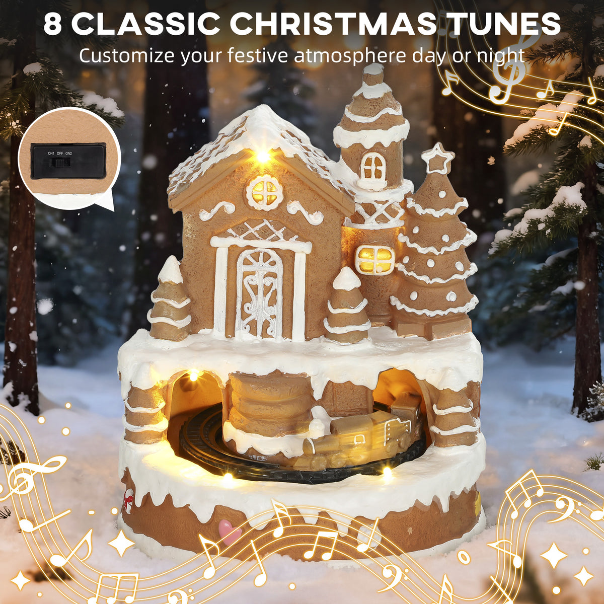 Christmas Gingerbread House, Lighted Musical Snow Village with Rotating Train, LEDs, Tunes, Battery Operated