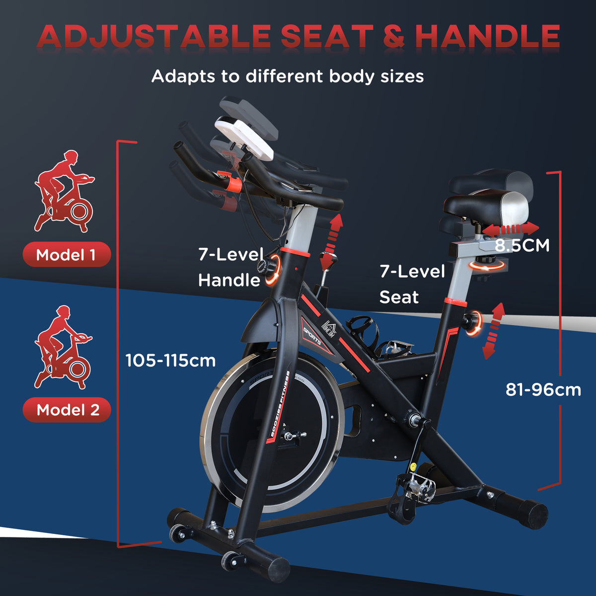 Exercise Bike, Indoor Cycling, with LCD Display, Heart Rate, Sensor - Black