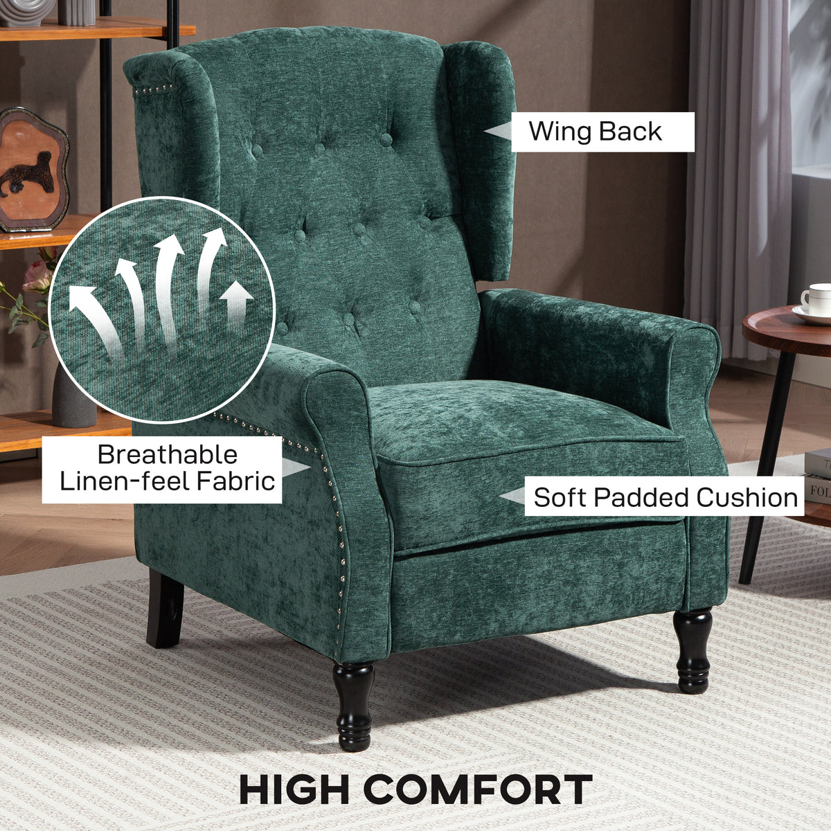 150° Reclining Vintage Armchair, with footrest - Dark Green