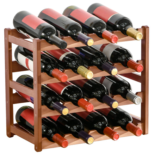 Free Standing Bamboo Wine Rack with 16 Bottles Holder, 4-tier Water Bottle Organiser, Display Shelf for Countertop, Home Bar, Brown