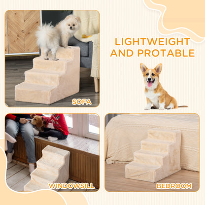 Four-Step Dog Stairs, with Washable Plush Cover, for High Bed Sofa, Dog Stairs for Small Dog and Cat - Beige