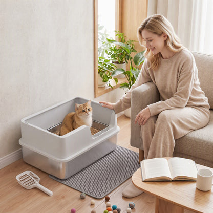 XL Stainless Steel Cat Litter Tray with Lid, High Sided Cat Litter Box with Scoop and Mat, Light Grey
