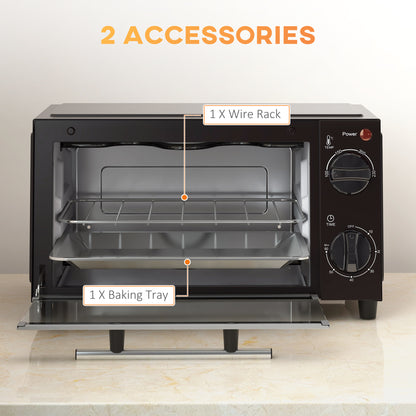 Mini Oven, 9L Countertop Electric Grill, Toaster Oven with Adjustable Temperature, Timer, Dishwasher Safe Baking Tray and Wire Rack, 750W, Black