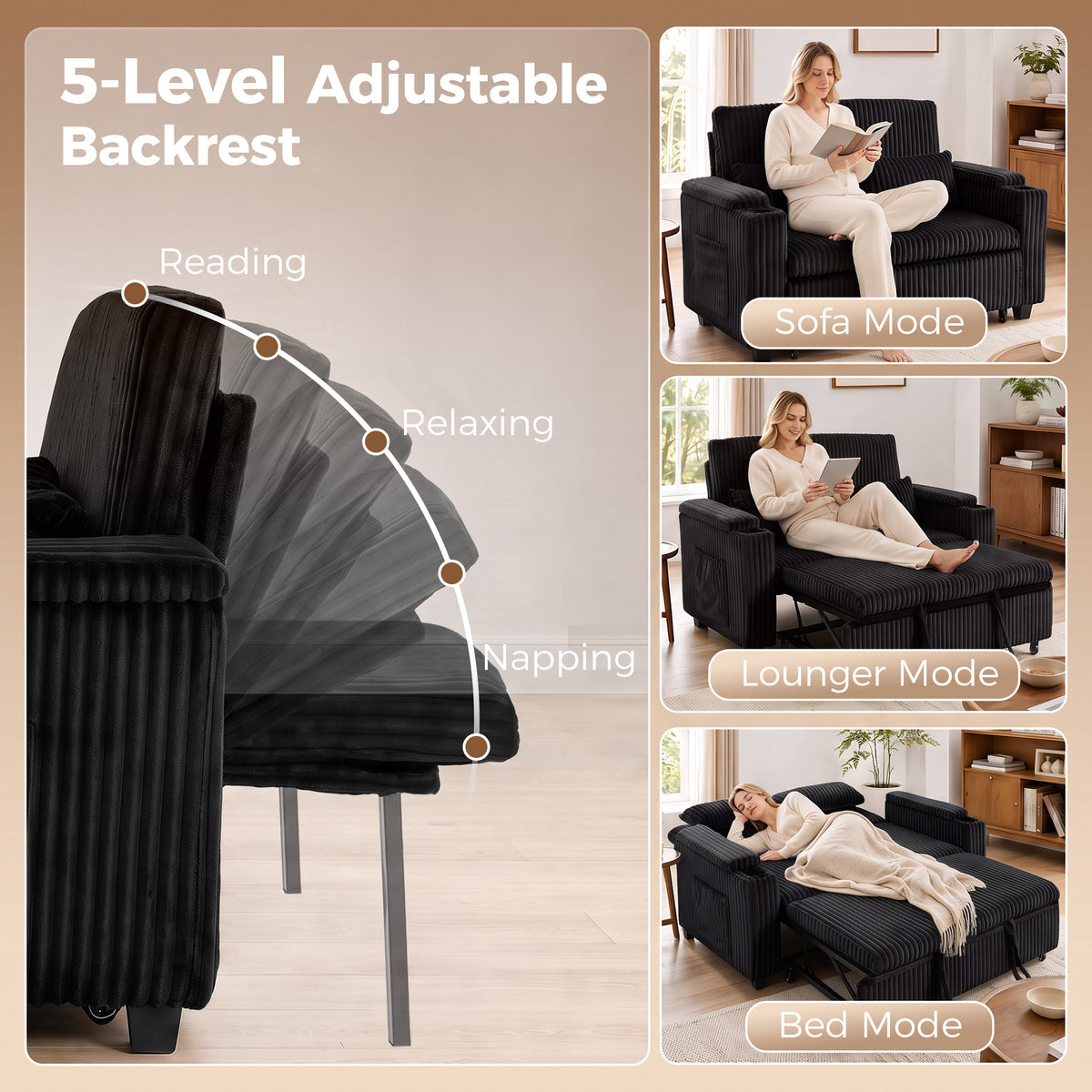 2 Seater Sofa Bed, Pull Out Sleeper Sofa w/ Adjustable Backrest, Storage Armrests, Cup Holders, Side Pockets