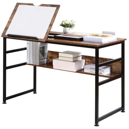 Adjustable Drafting Table Art Desk Drawing Table, Craft Desk Workstation for Painting, Multifunctional Writing Desk w/ 15-Level Tiltable Tabletop and Storage Shelf, Home Office, Rustic Brown