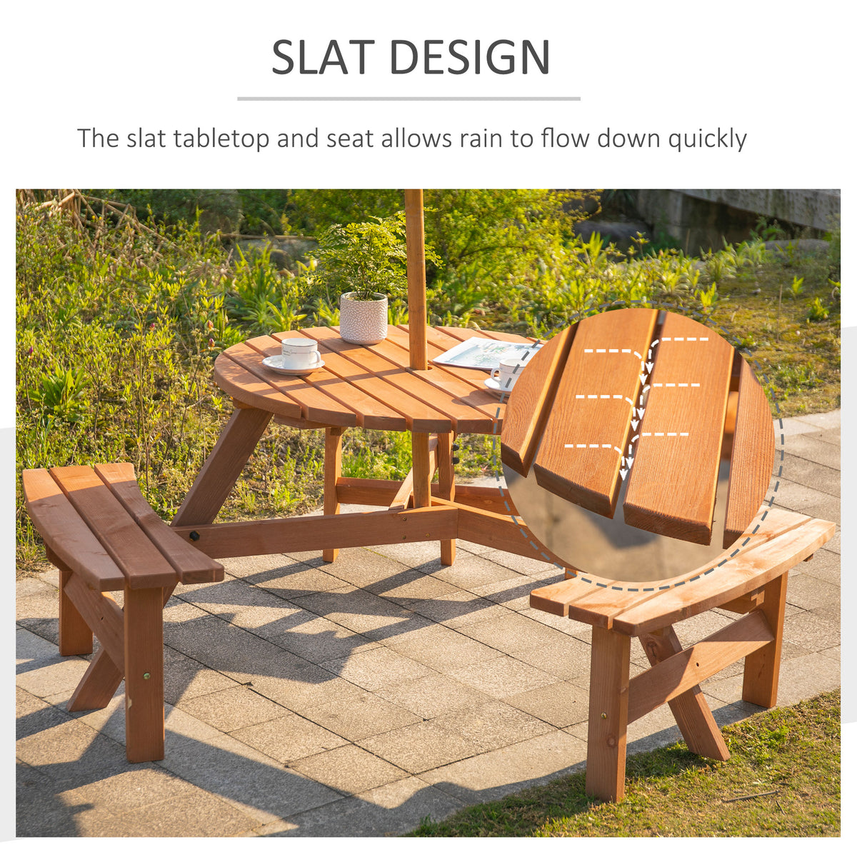 Wooden Garden Dining Set, 6 Seater Round Dining Picnic Table with Matching Bench, Garden Furniture Set with Parasol Hole for Outdoor Patio Party and Family Gatherings, Brownish Red