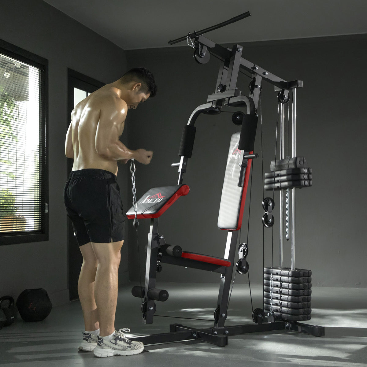 Multigym Station, with 66KG Weight Stack, for Strength Training, Black