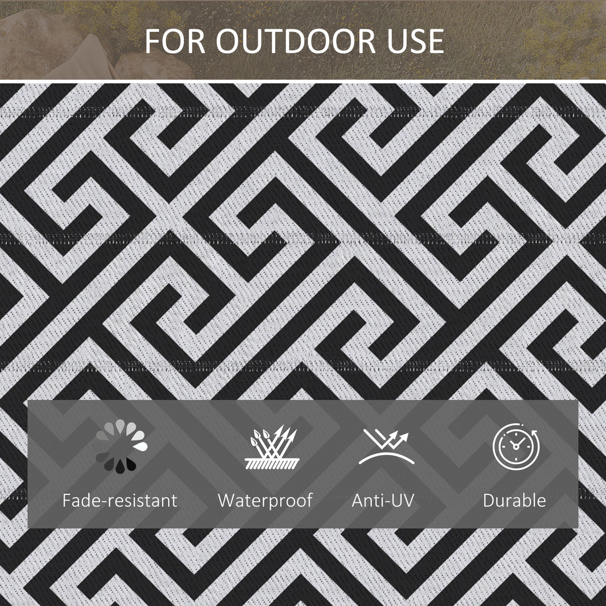 Outdoor Rug Reversible Mat Plastic Straw Rug Portable RV Camping Mat for Garden Deck Picnic Indoor, 121 x 182 cm (4 x 6 ft), Black & White
