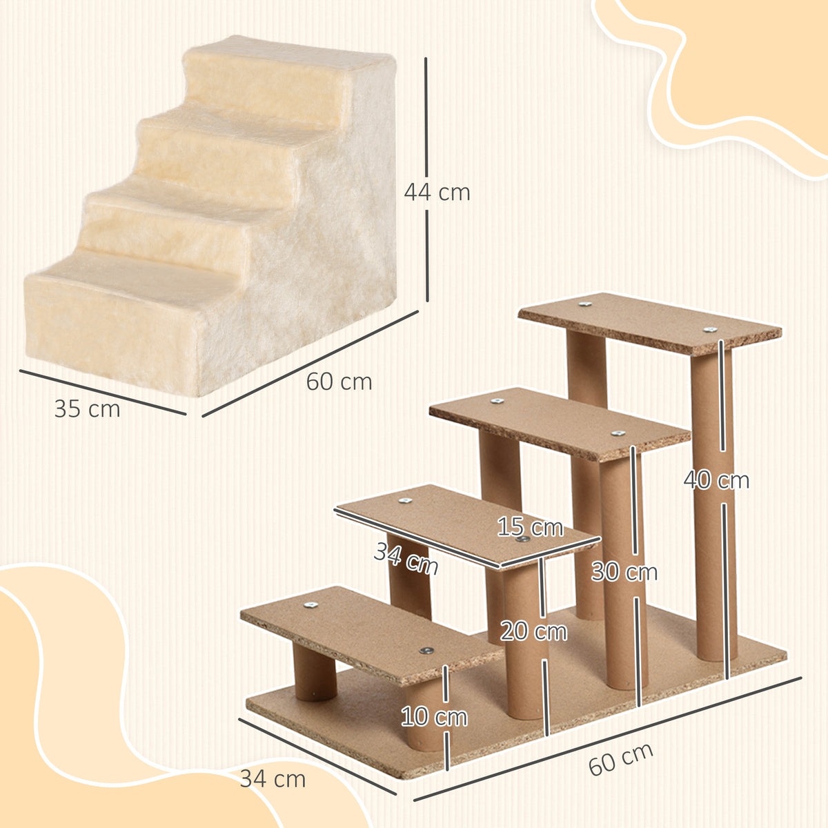 Four-Step Dog Stairs, with Washable Plush Cover, for High Bed Sofa, Dog Stairs for Small Dog and Cat - Beige
