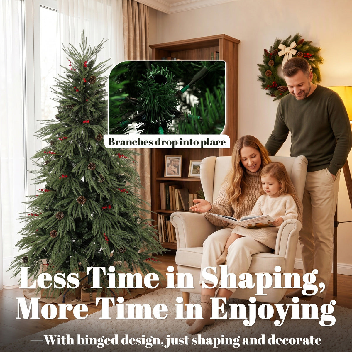 6ft Artificial Christmas Tree with Pinecones, Red Berries, Hinged Predecorated Xmas Tree with 2843 Branch Tips