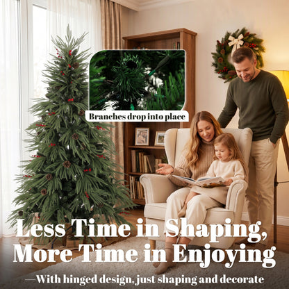 6ft Artificial Christmas Tree with Pinecones, Red Berries, Hinged Predecorated Xmas Tree with 2843 Branch Tips