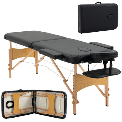 Portable Massage Bed, Folding Spa Beauty Massage Table with 2 Sections, Carry Bag and Wooden Frame