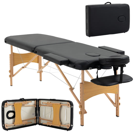 Portable Massage Bed, Folding Spa Beauty Massage Table with 2 Sections, Carry Bag and Wooden Frame