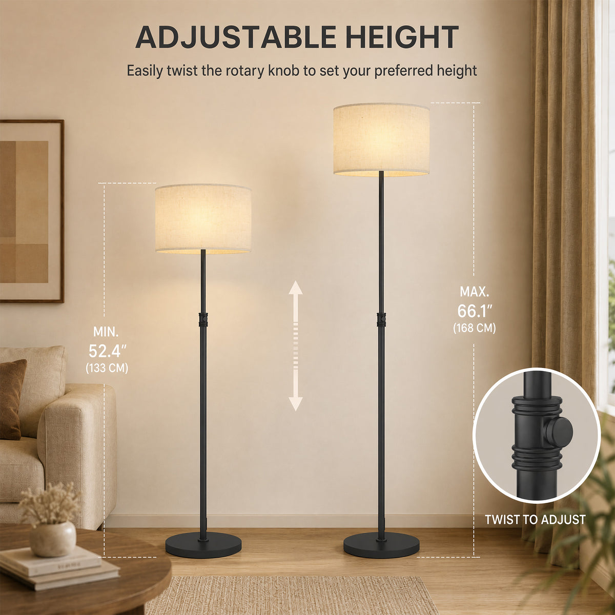 Floor Lamp with Remote, Height Adjustable Standing Lamp with Linen Shade, Dimmable with 3000K-6000K Adjustable Colour Temperatures, Foot Switch for Living Room Bedroom Office