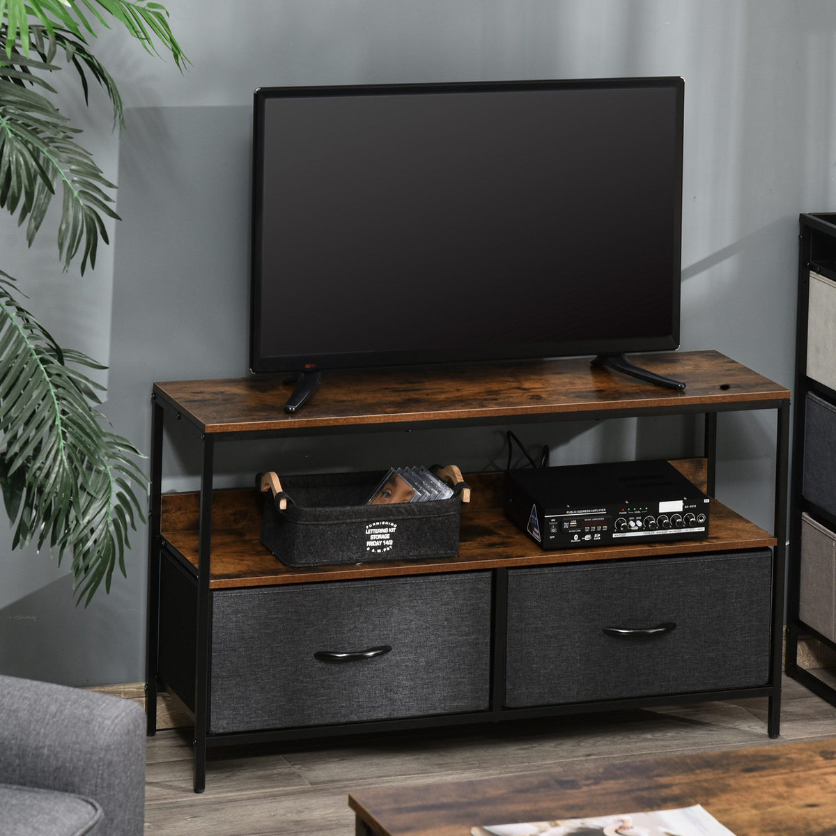 TV Stand Cabinet with 2 Foldable Drawers - Rustic Brown
