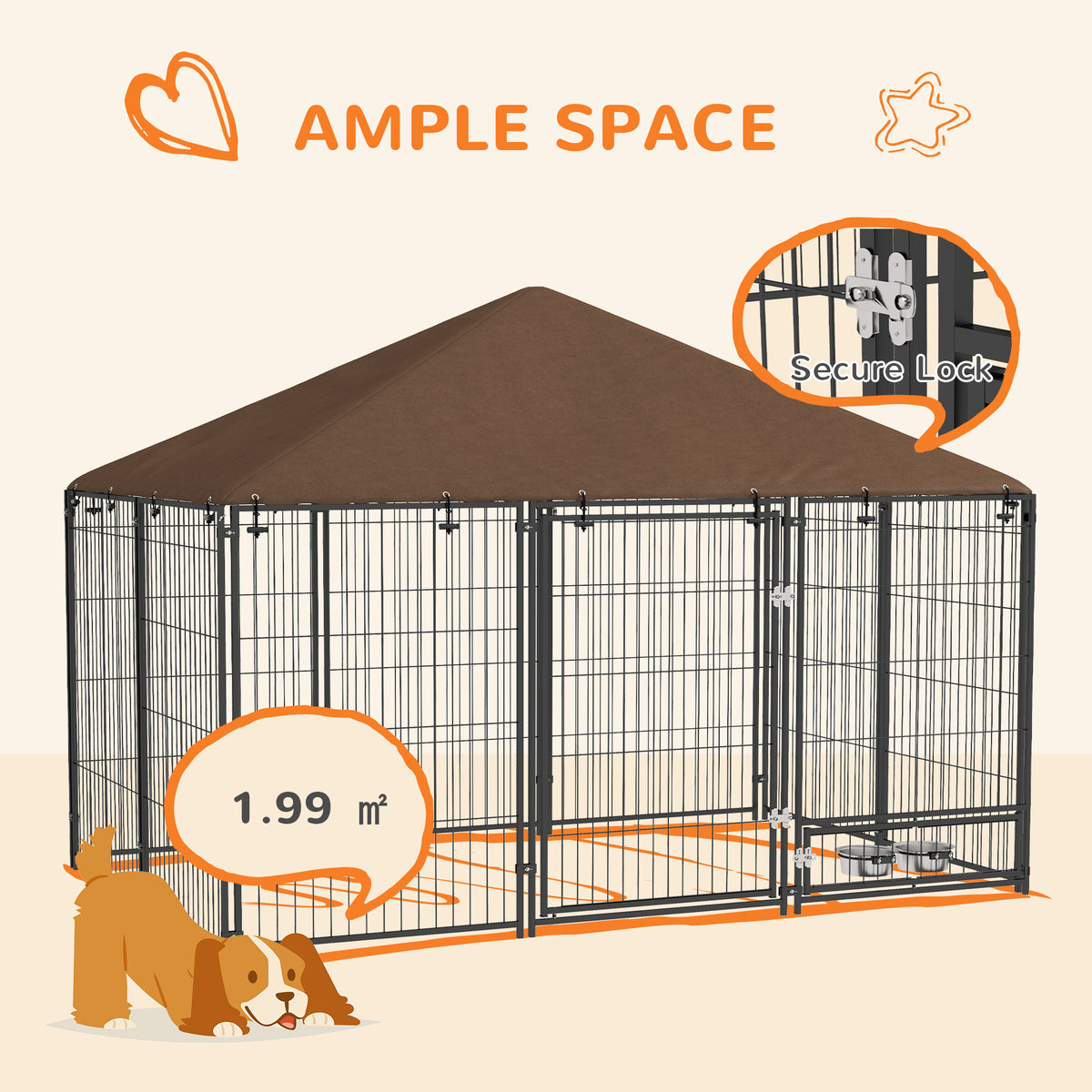 Large Dog Kennel Outdoor Dog Play Pen with Canopy Rotating Bowl for Large Dogs, Brown