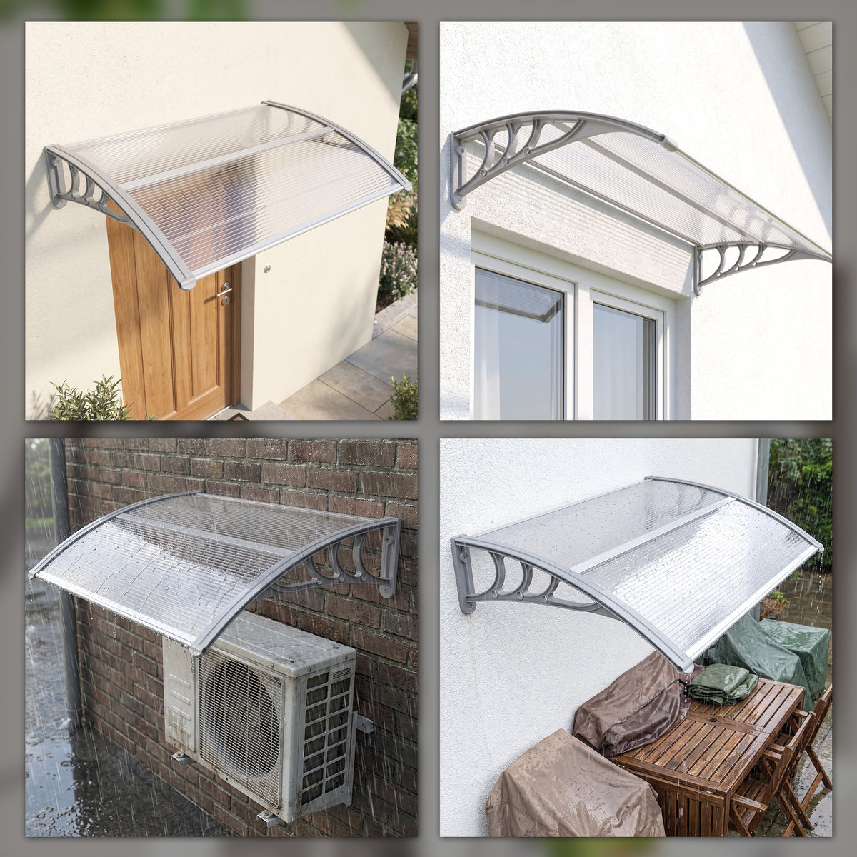 Front Door Canopy Outdoor Awning Aluminium Rigid Plastic Polycarbonate Rain Shelter UV Water Rain Resistant 100 x 75cm Clear