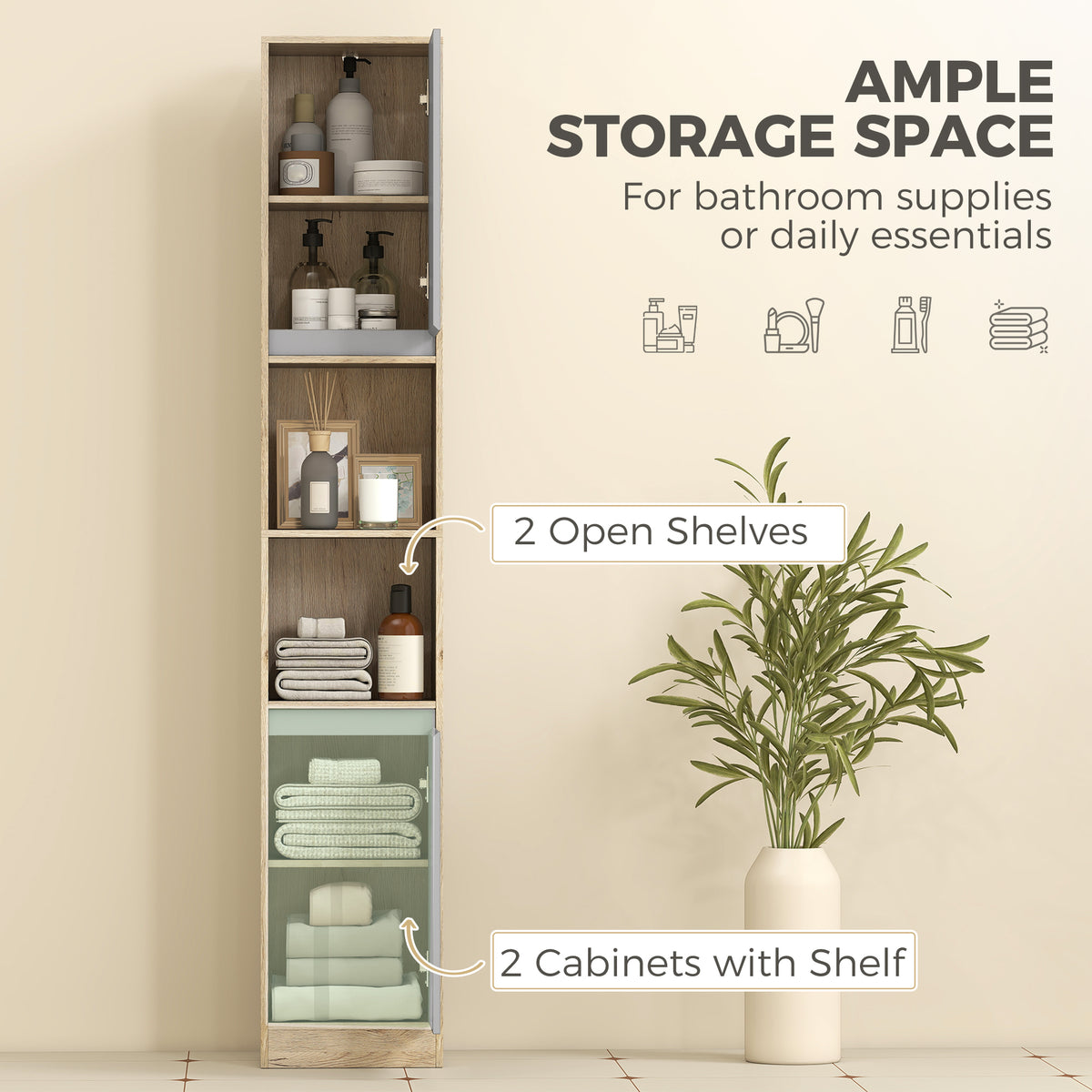 Narrow Bathroom Cabinet, Slim Bathroom Storage Unit with Open Compartment, Freestanding Storage Cupboard with Adjustable Shelves for Small Spaces, 30 x 24 x 170 cm