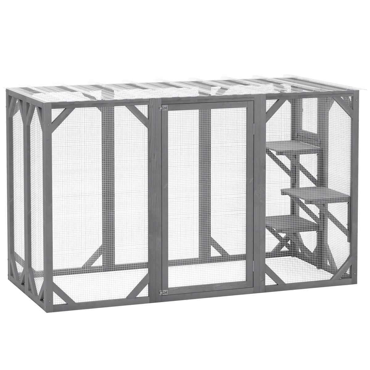 71" Outdoor Wooden Cat House with Three Platforms, Large Door, Water-Resistant Roof, for Multiple Cats, Grey