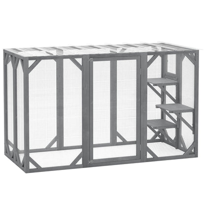 71" Outdoor Wooden Cat House with Three Platforms, Large Door, Water-Resistant Roof, for Multiple Cats, Grey