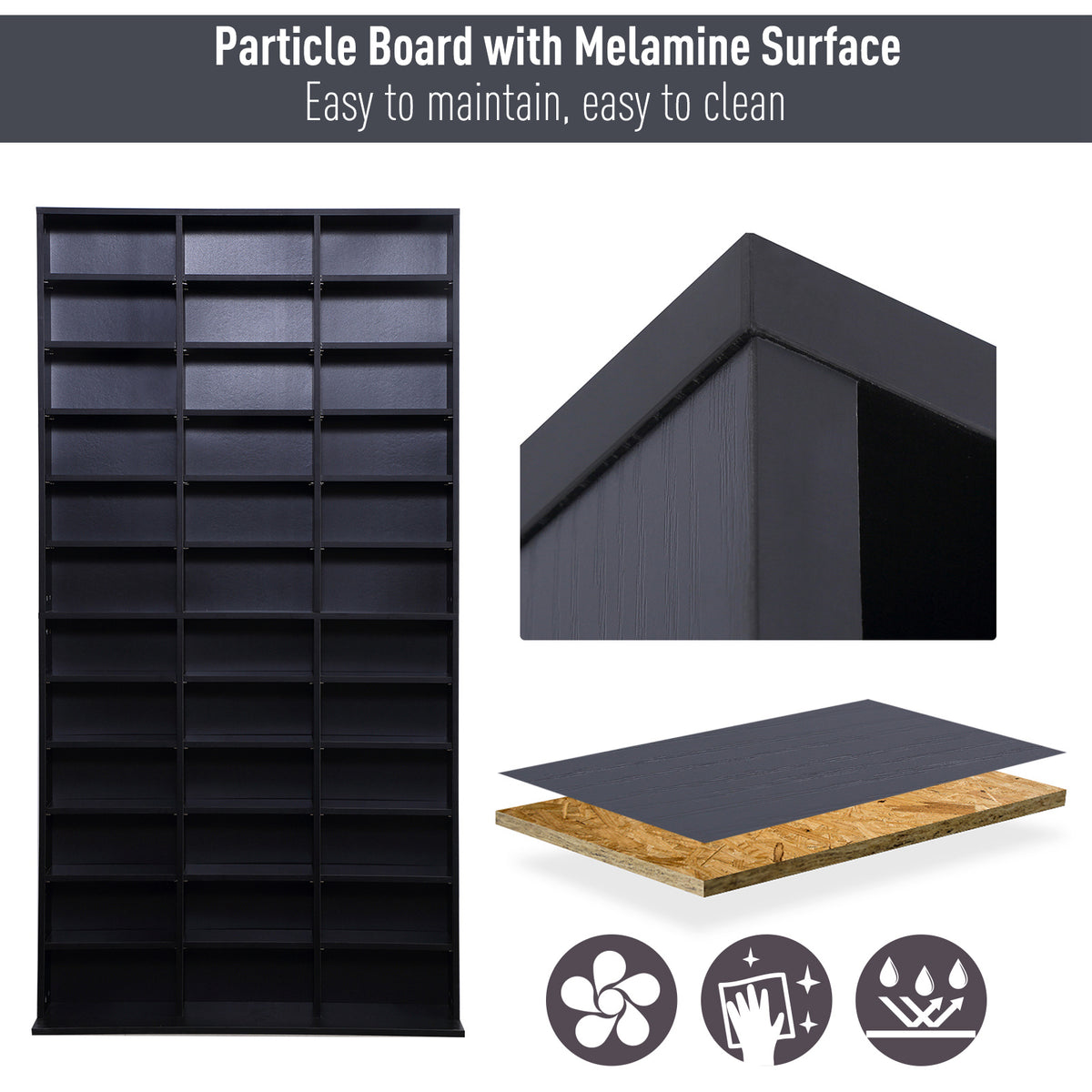 1116 CD/ 528 DVD Storage Unit, Media Storage Shelf, Wooden Display Unit with Adjustable Shelves, 102 x 195 cm, Black