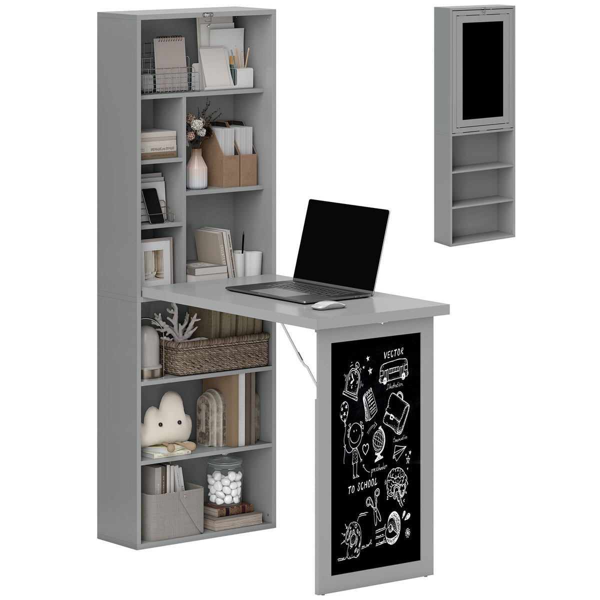 Folding Convertible Desk with Blackboard Multi-function Computer Office Workstation Side Shelf