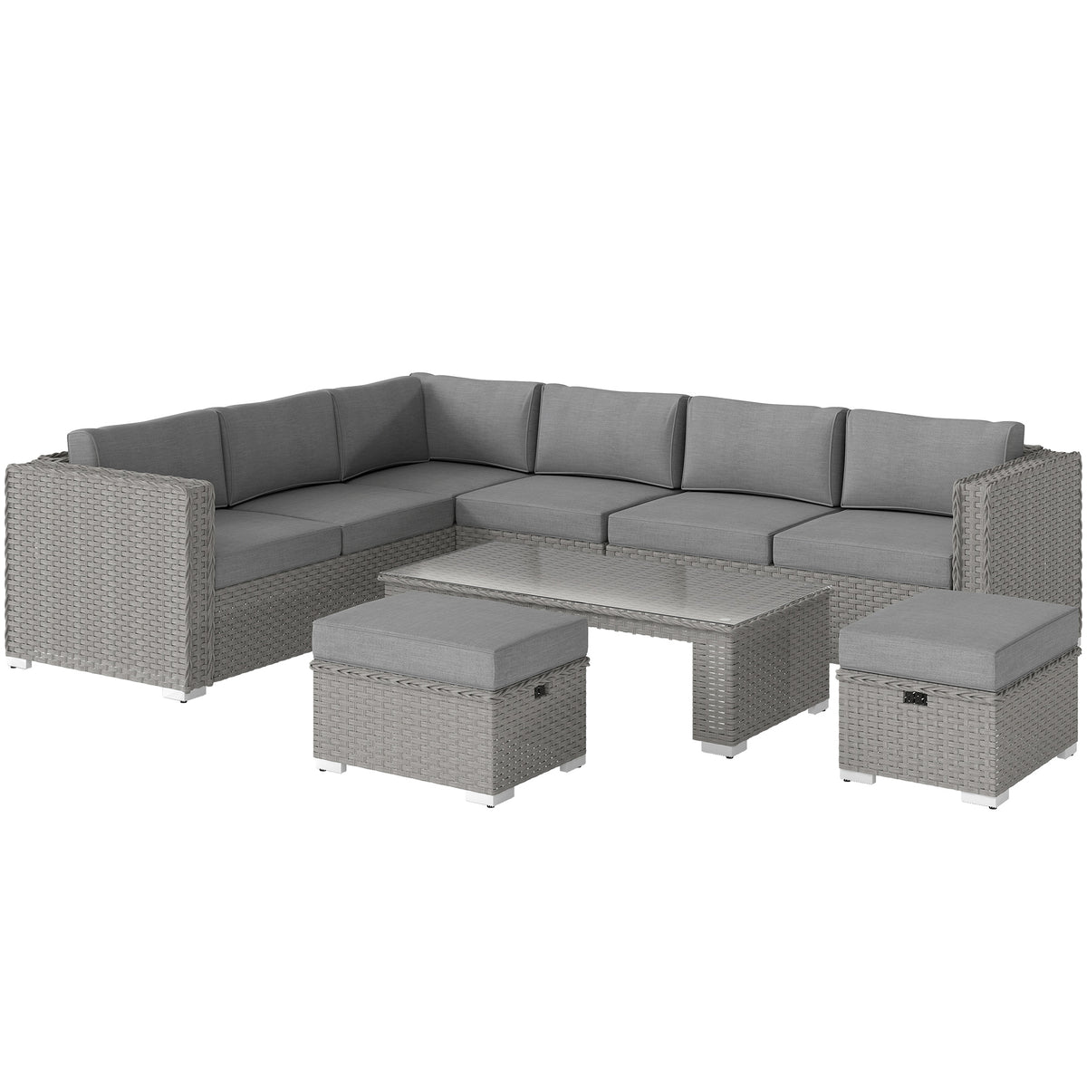 6 Pieces Outdoor PE Rattan Wicker Corner Sofa Set with Glass Top Coffee Table, Aluminium Conservatory Furnitur, Grey