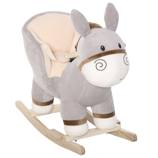 Kids Rocking Horse, Children Plush Ride On Donkey Animal Rocker w/ Sound, Wood Base Seat, Seat Belt, Baby Toy Rocker for Toddler 18 - 36 Months, Grey