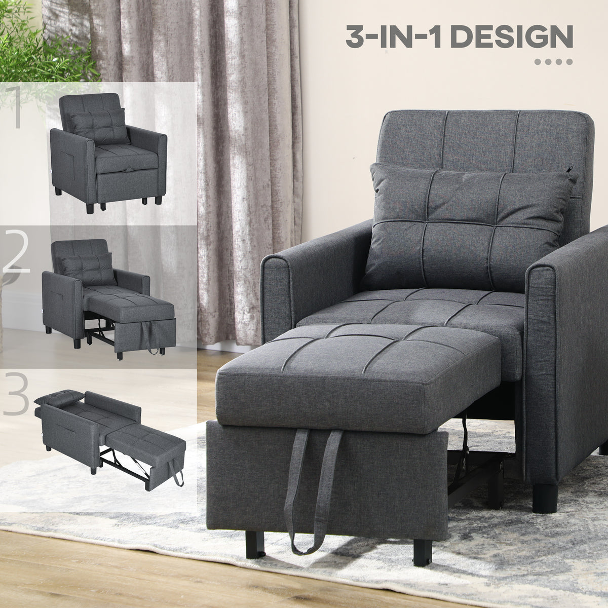 3-In-1 Linen-Look Single Chair Bed with Adjustable Back & Eucalyptus Wood Sofa Frame - Grey