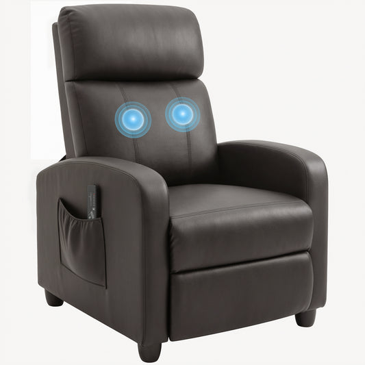 Recliner Armchair, Massage Faux Leather Push Back Reclining Chair with Adjustable Leg Rest, Side Pocket, for Home Living Room Theatre, Brown