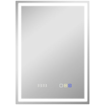 50 x 70 cm Anti-Fog LED Bathroom Mirror, with Bluetooth and Clock - Silver Tone