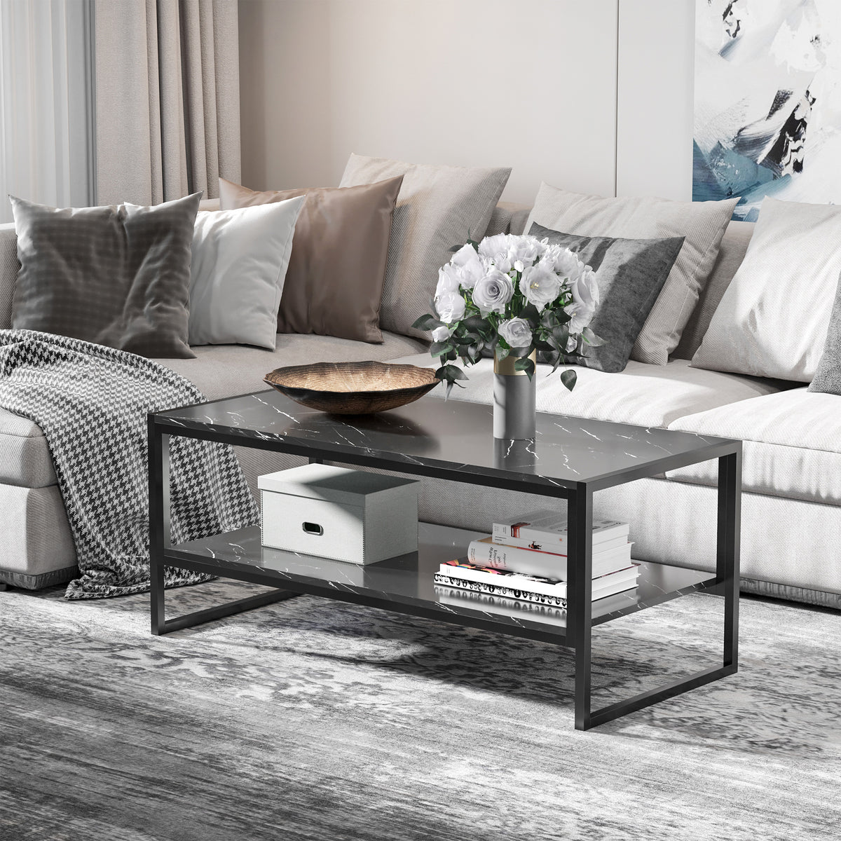 Coffee Table, Two-Tier Faux Marble Effect Centre Table with Metal Frame and Storage Shelf for Living Room, 106 x 50 x 45cm, Black