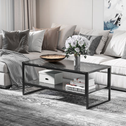 Coffee Table, Two-Tier Faux Marble Effect Centre Table with Metal Frame and Storage Shelf for Living Room, 106 x 50 x 45cm, Black