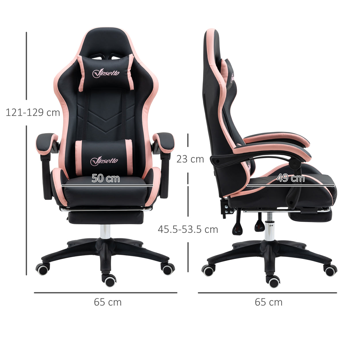 Gaming Chair, Computer Gamer Chair with Reclining High Back, Headrest, Lumbar Support, Footrest, Swivel Wheels, PU Leather, Adjustable Height for Home, Black and Pink