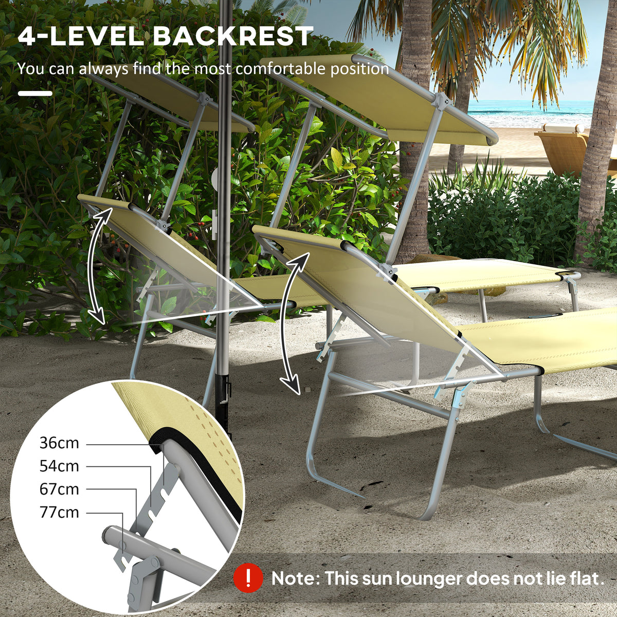 Folding Sun Lounger Set of 2 with Canopy, Reclining Sunbed with 4-Position Adjustable Backrest, 600D Oxford Cloth, Portable Garden Lounger Recliner Chair for Beach, Camping, Patio, Beige