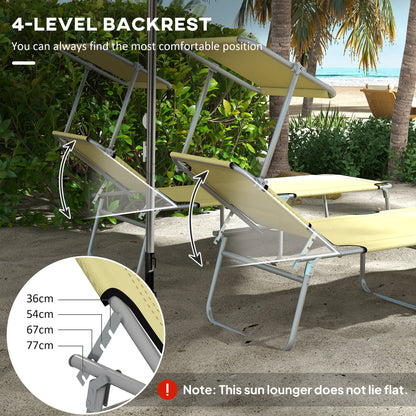 Folding Sun Lounger Set of 2 with Canopy, Reclining Sunbed with 4-Position Adjustable Backrest, 600D Oxford Cloth, Portable Garden Lounger Recliner Chair for Beach, Camping, Patio, Beige