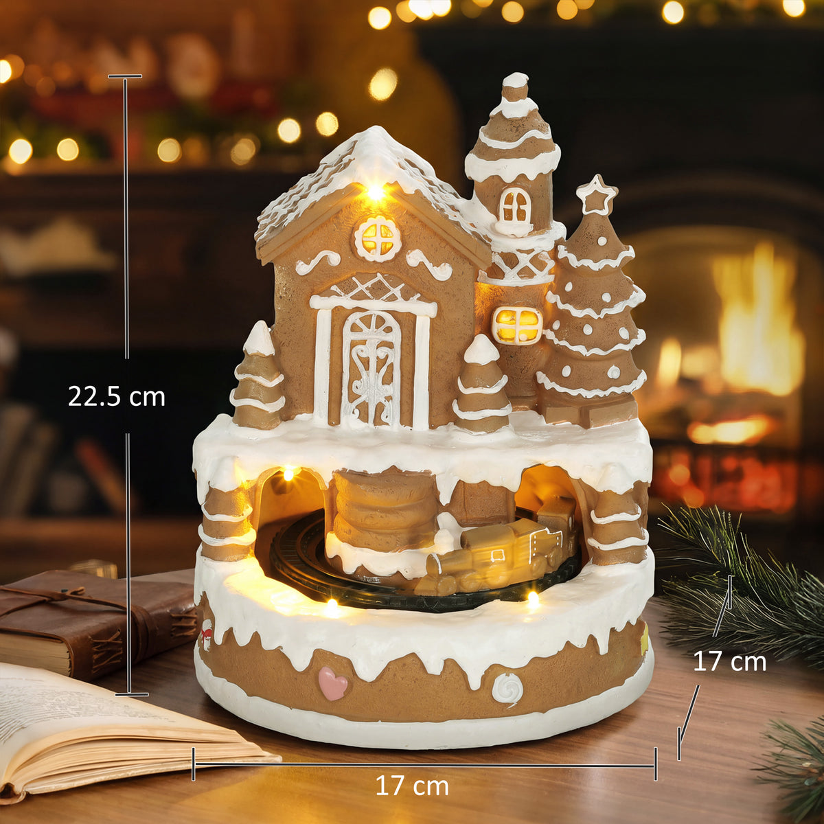Christmas Gingerbread House, Lighted Musical Snow Village with Rotating Train, LEDs, Tunes, Battery Operated